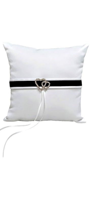 7&quot; Ring Pillow w/Rhinestone Hearts White/Black