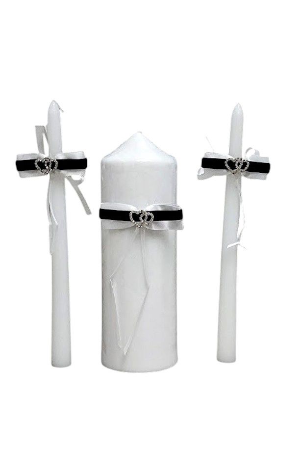 Unity Candle Set w/Hearts Black/White