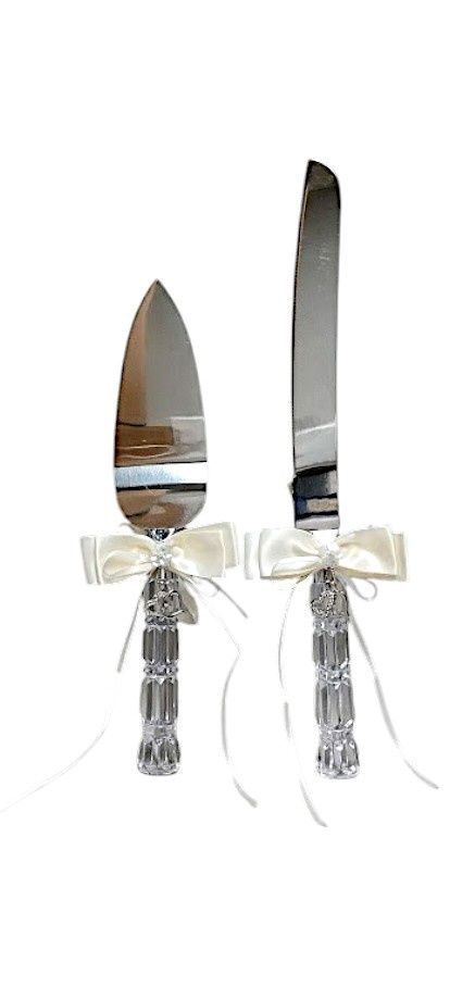 Cake Knife &amp; Server Set Bow/Sequins/Hearts Crystal/Ivory