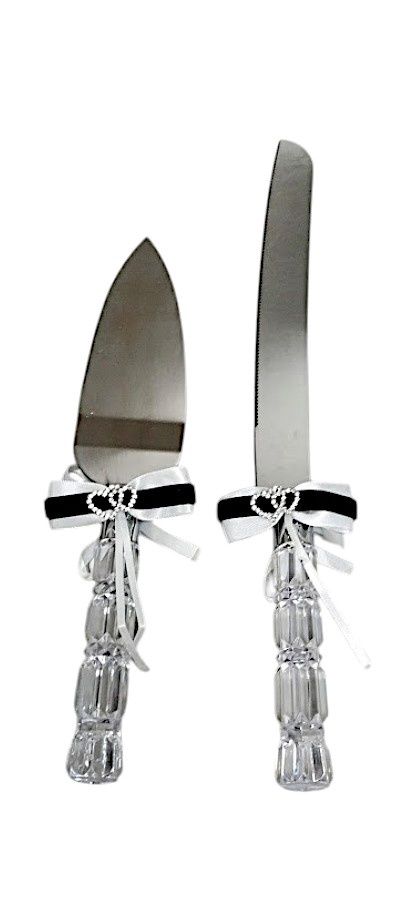 Cake Knife &amp; Server Set W/Bow/Hearts Black/White
