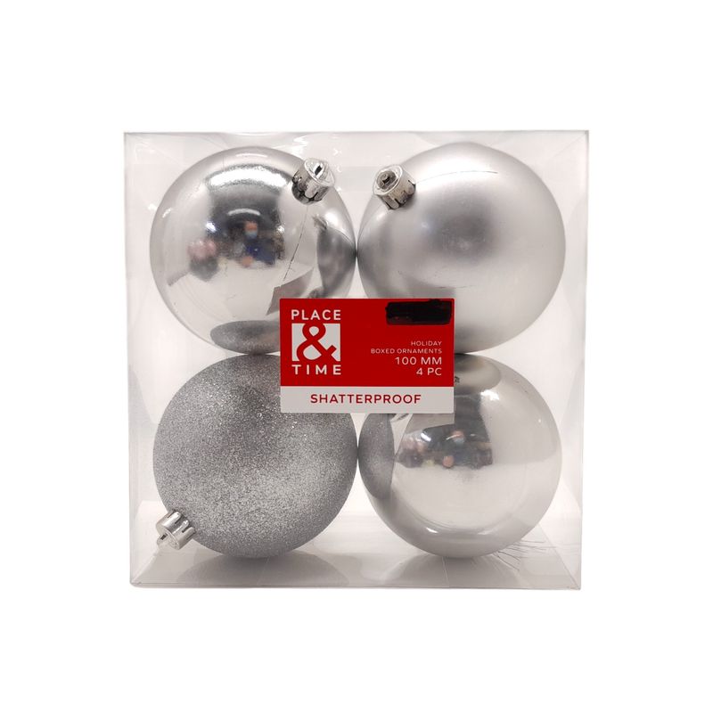 4pc 100mm Shatterproof Ball Ornaments Silver (Plastic)