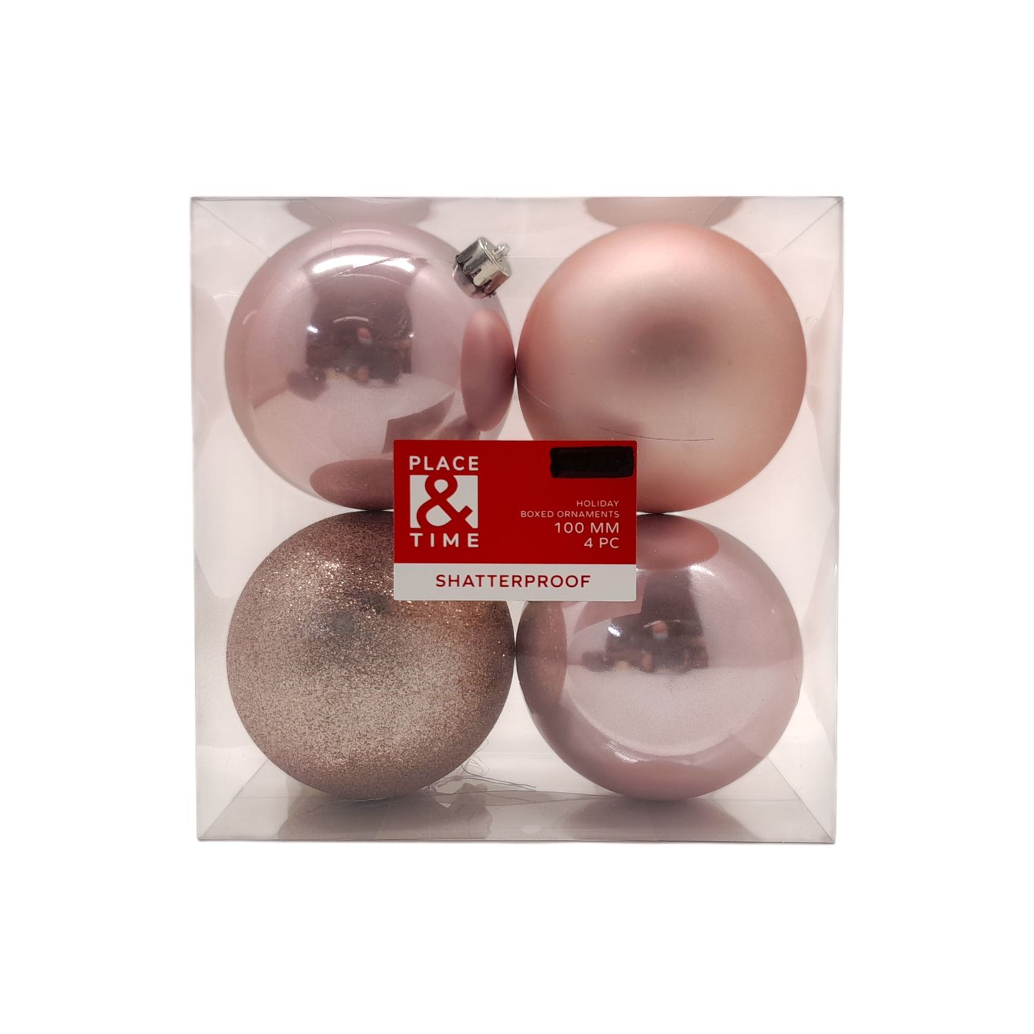 4pc 100mm Plastic Shatterproof Ball Ornaments Blush w/Silver Caps