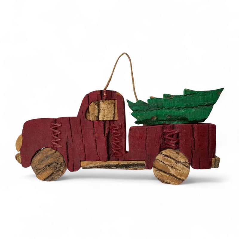 *1"x15.25"x7" Rustic Look Oak Bark Classic Red Truck Ornament with Green Pine Tree