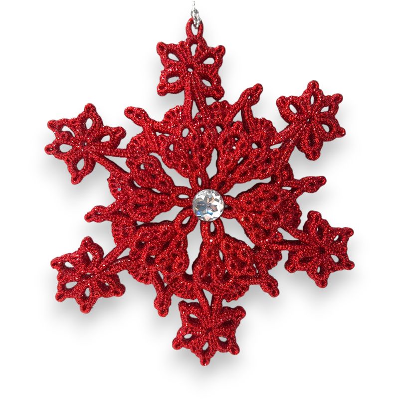 *4.5&quot; Plastic Glitter Snowflake Ornament Red