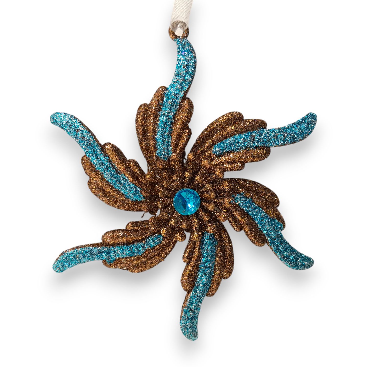 *4.25&quot; Glitter Flower Ornament Brown/Teal (Plastic)