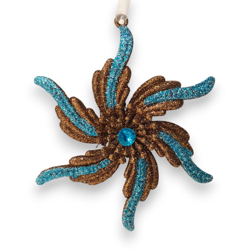 *4.25&quot; Plastic Glitter Flower Ornament Brown/Teal