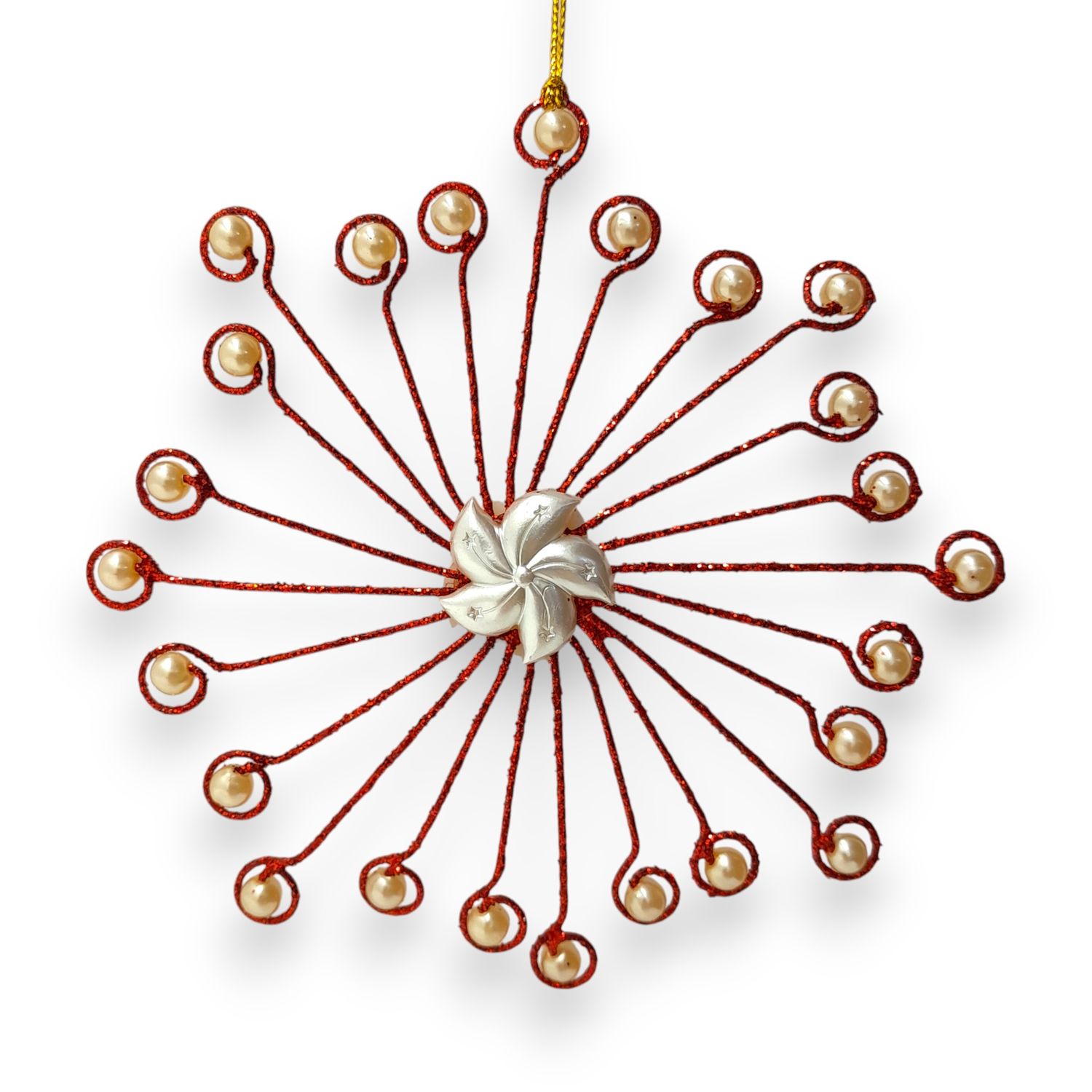 *5&quot; Metal Glitter Snowflake Ornament Red/Ivory