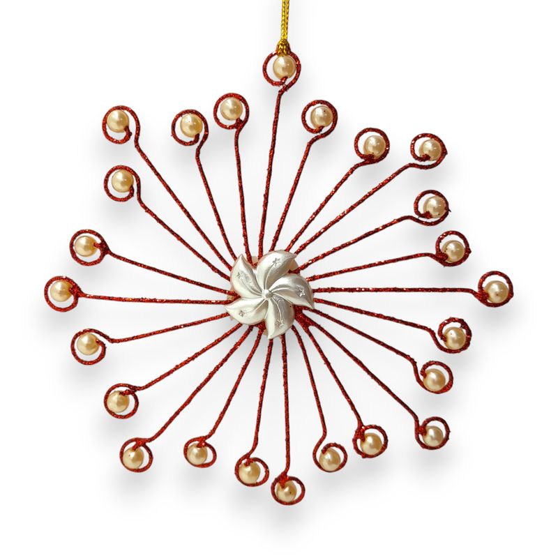 *5&quot; Metal Glitter Snowflake Ornament Red/Ivory
