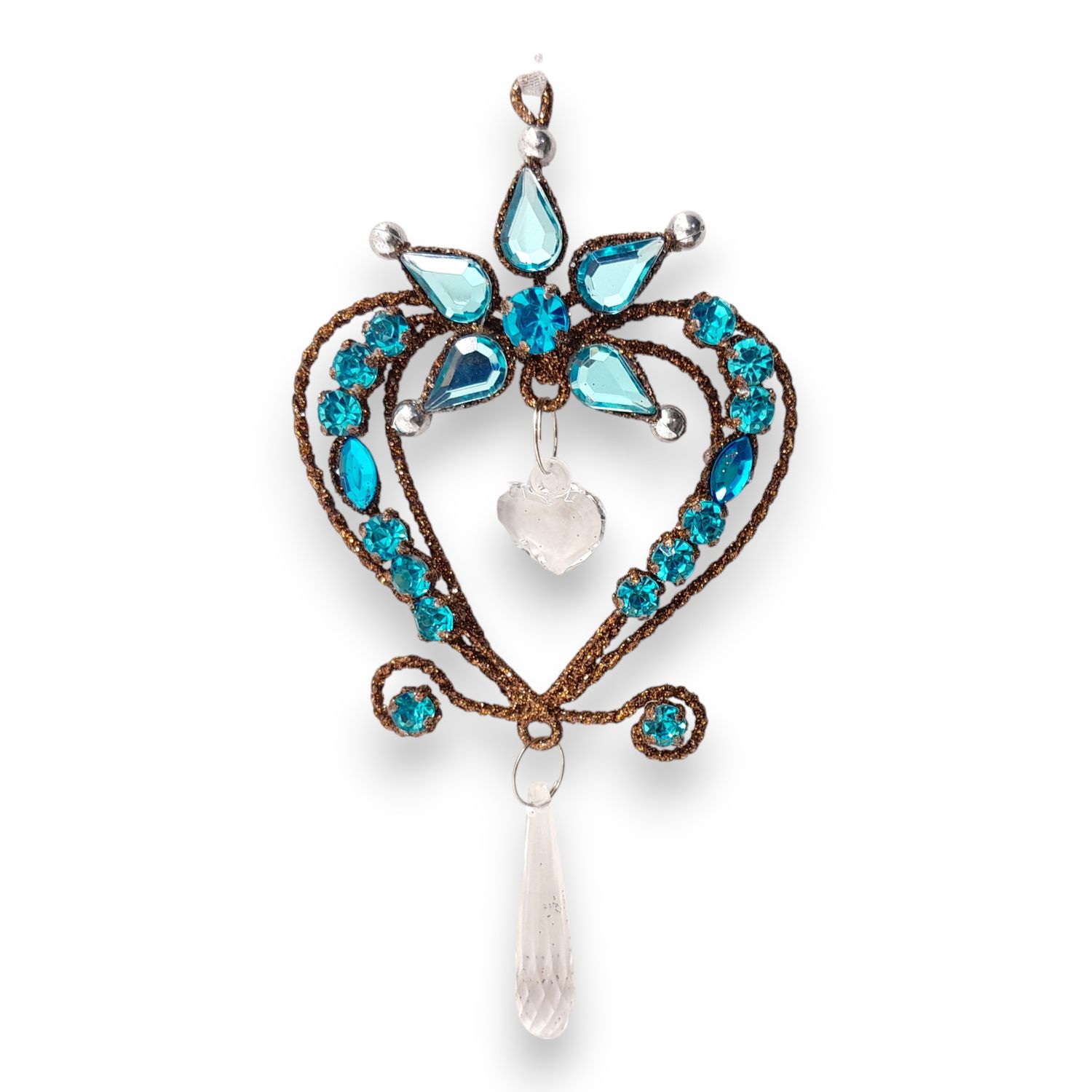 *5.25&quot; Heart Crystal Ornament Brown/Teal (Metal)