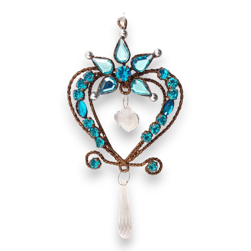*5.25&quot; Metal Heart Crystal Ornament Brown/Teal