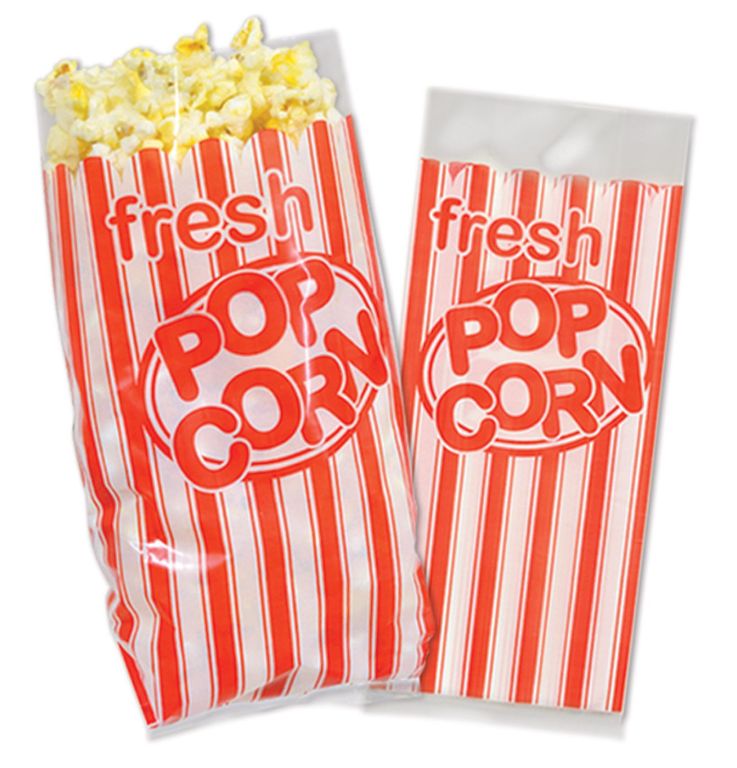 25pc 4"x9.5"x2" Cellophane Popcorn Bags Red/White w/Silver Twist Ties