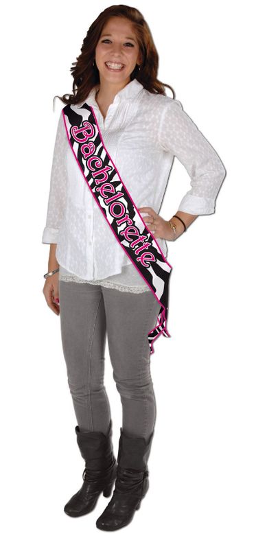 33&quot;x4&quot; Satin Bachelorette Sash Black/Pink Zebra