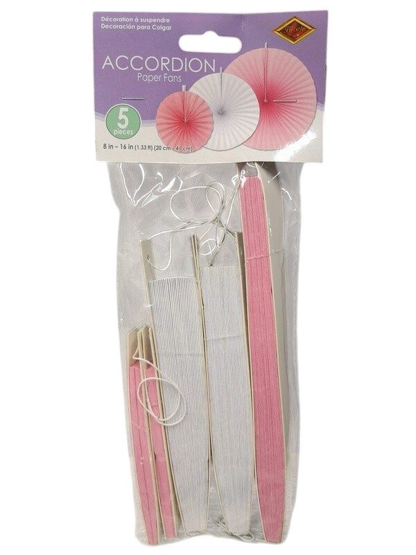 5pc 8&quot;-16&quot; Accordion Paper Fans Pink/White