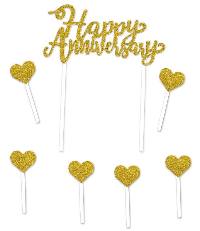 6&quot;x8&quot; Glitter Anniversary Cake Topper w/6.25&quot;x3.25&quot; Heart Picks Gold