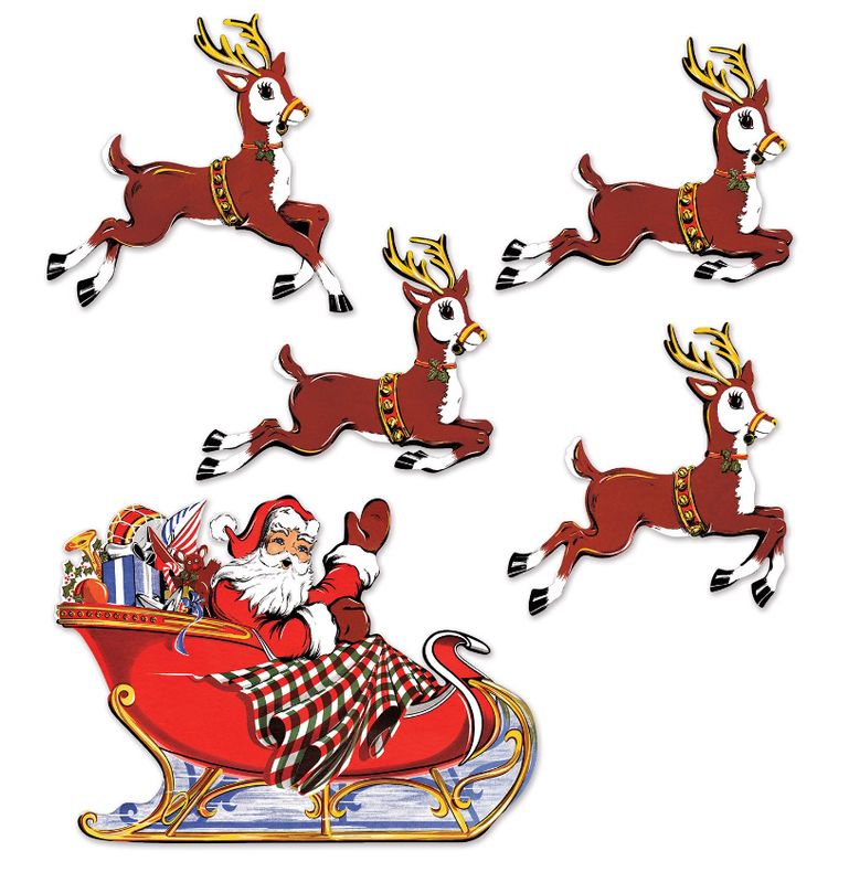 5pc 10.75&quot;-17.75&quot; Double Sided Vintage Christmas Santa, Sleigh, &amp; Reindeer Cutouts