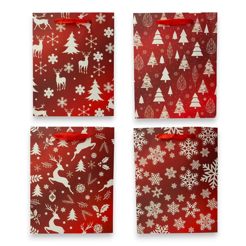 4&quot;x7&quot;x9&quot; Christmas Gift Bag Matte Red w/Glitter White Accents Assorted