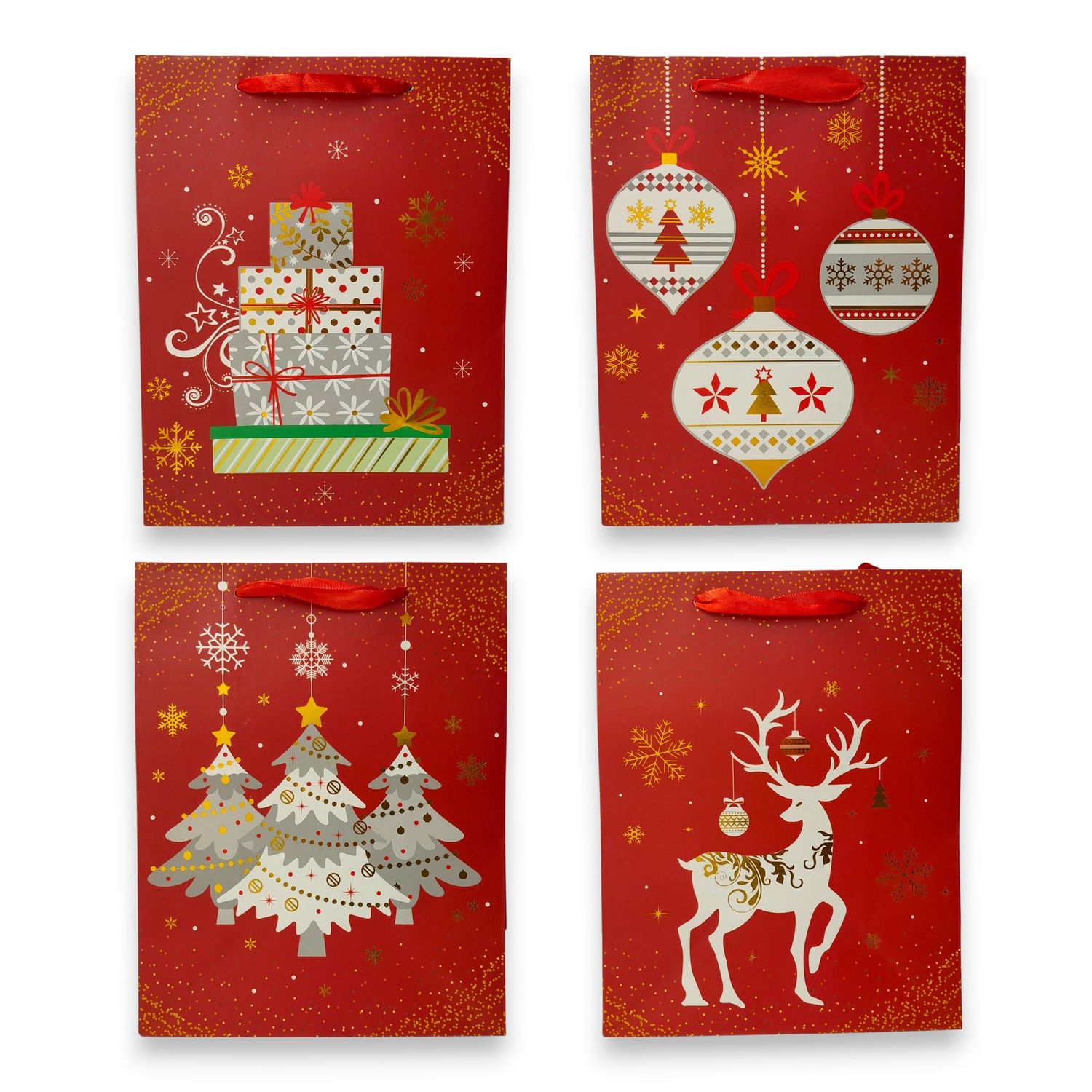 4"x7"x9" Christmas Gift Bag Matte Red w/Metallic Gold Accents Assorted