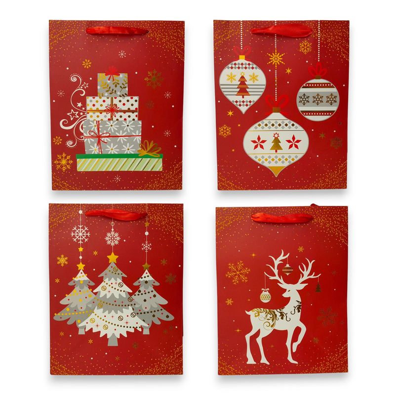 4&quot;x7&quot;x9&quot; Christmas Gift Bag Matte Red w/Metallic Gold Accents Assorted