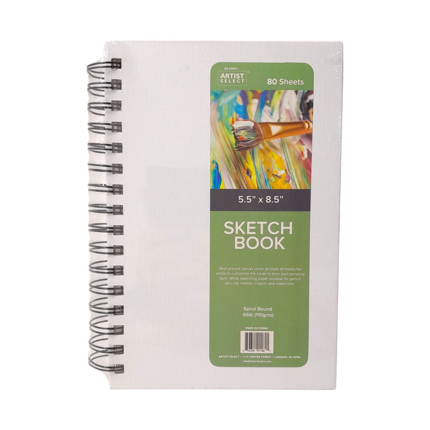 5.5&quot;x8.5&quot; 80 Sheet Spiral Bound Sketch Book w/Primed Canvas Cover White