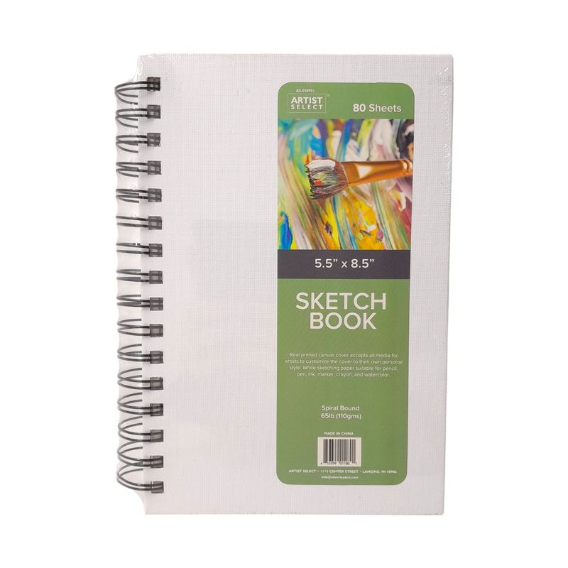 5.5&quot;x8.5&quot; 80 Sheet Spiral Bound Sketch Book w/Primed Canvas Cover White