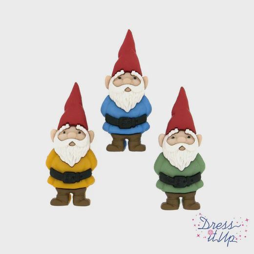 3pc 37mm Garden Gnome Buttons Multicolor