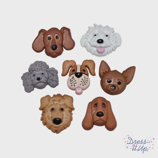 7pc Fuzzy Face Dog Buttons Brown/White/Grey