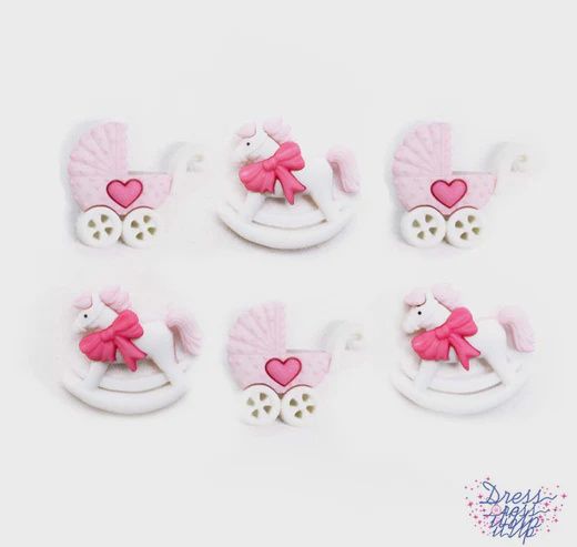 6pc Horse &amp; Buggy Buttons Pink/White