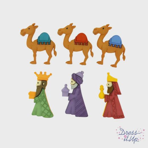 6pc We Three Kings &amp; Camels Nativity Buttons Multicolor