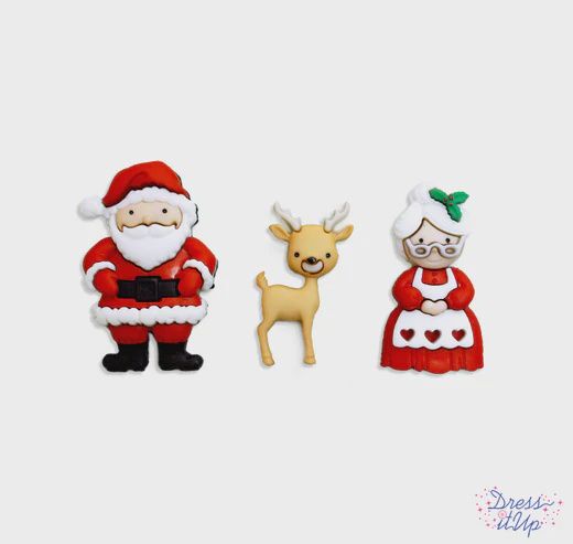 3pc Mr. &amp; Mrs. Claus w/Reindeer Buttons Red/White/Brown