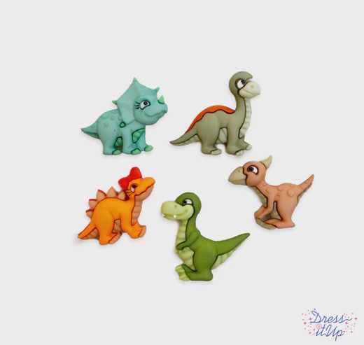 5pc 22.5mm Dinosaur Buttons Green/Brown/Orange