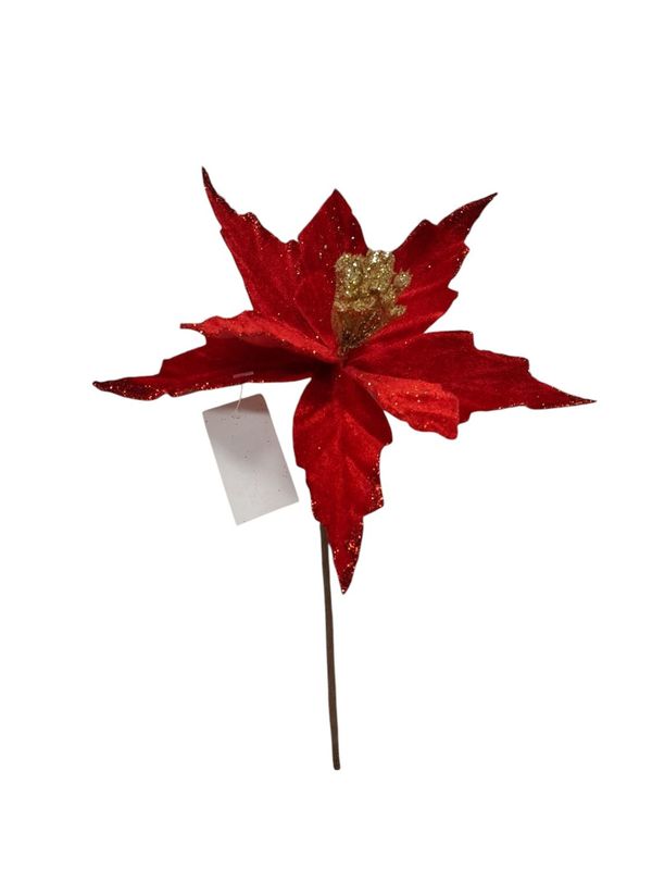 6.5&quot; Velvet Poinsettia on 8&quot; Pick Red