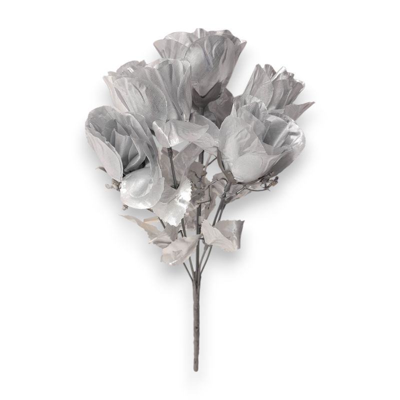 12" Rosebud Bush x7 w/2" Heads Metallic Silver 12" Rosebud Bush x7 w/2" Heads Metallic Silver