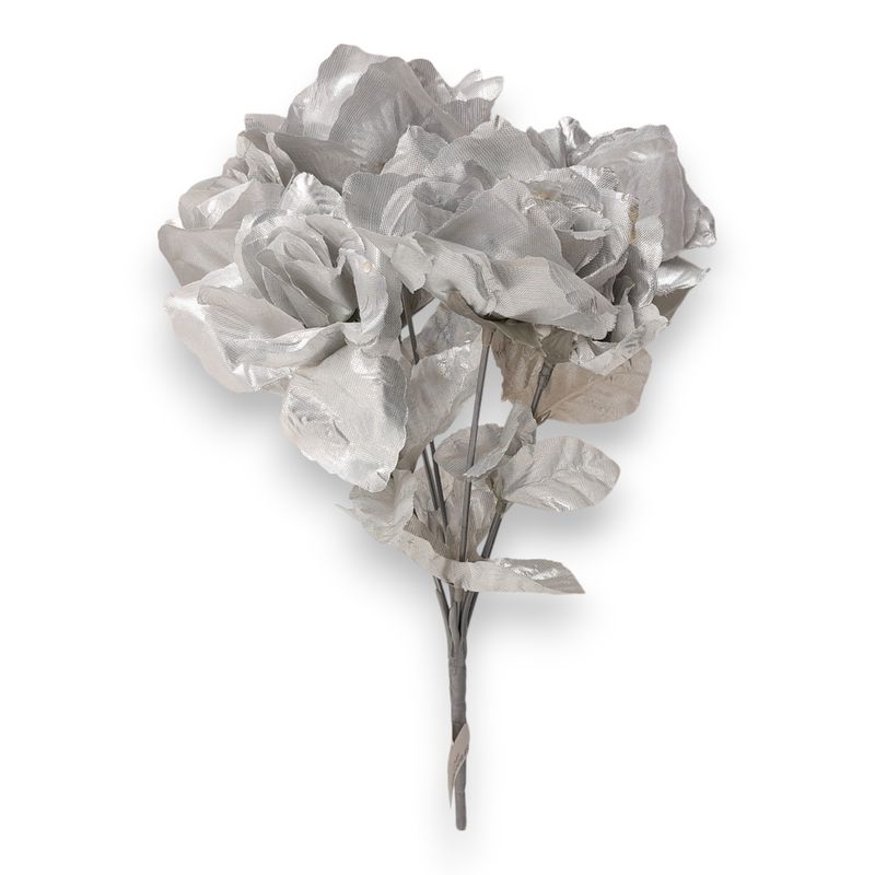 12" Rose Bush x7 w/2.5" Heads Metallic Silver 12" Rose Bush x7 w/2.5" Heads Metallic Silver