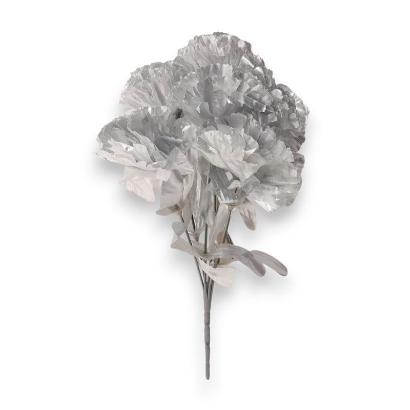 12&quot; Carnation Bush x7 w/2.5&quot; Heads Metallic Silver