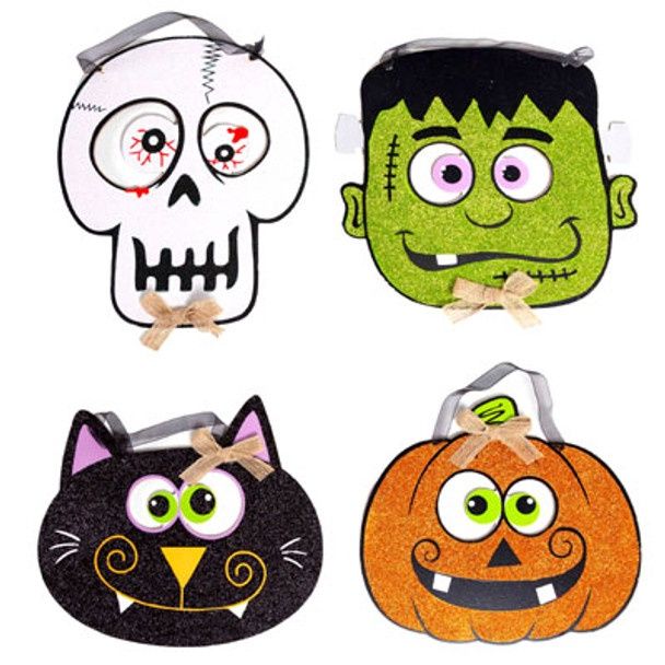 Halloween Glitter Wall Plaque Whimsical Faces Assorted