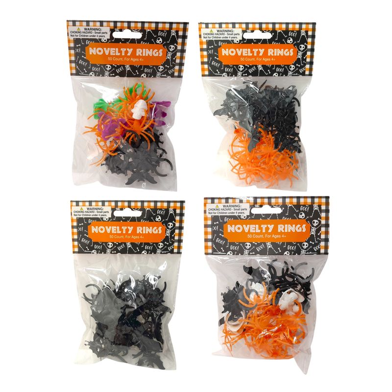 50pc Plastic Rings Multicolor  Assorted Bats/Spiders/Skulls