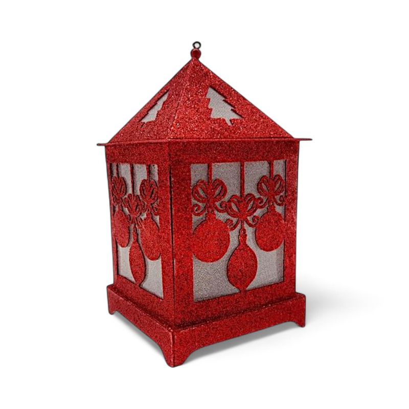 3.5&quot;x3.5&quot;x6&quot; Christmas Glitter Lightweight Hanging Led Lantern w/Ornament Design Red