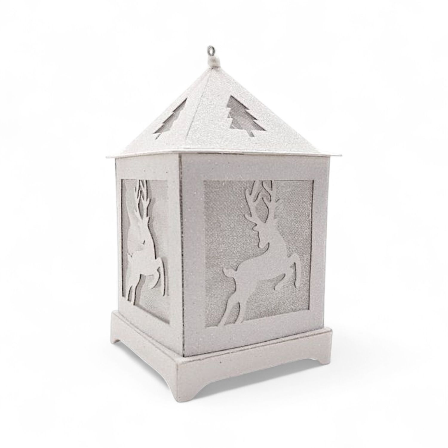 3.5&quot;x3.5&quot;x6&quot; Christmas Glitter Lightweight Hanging Led Lantern w/Reindeer Design White