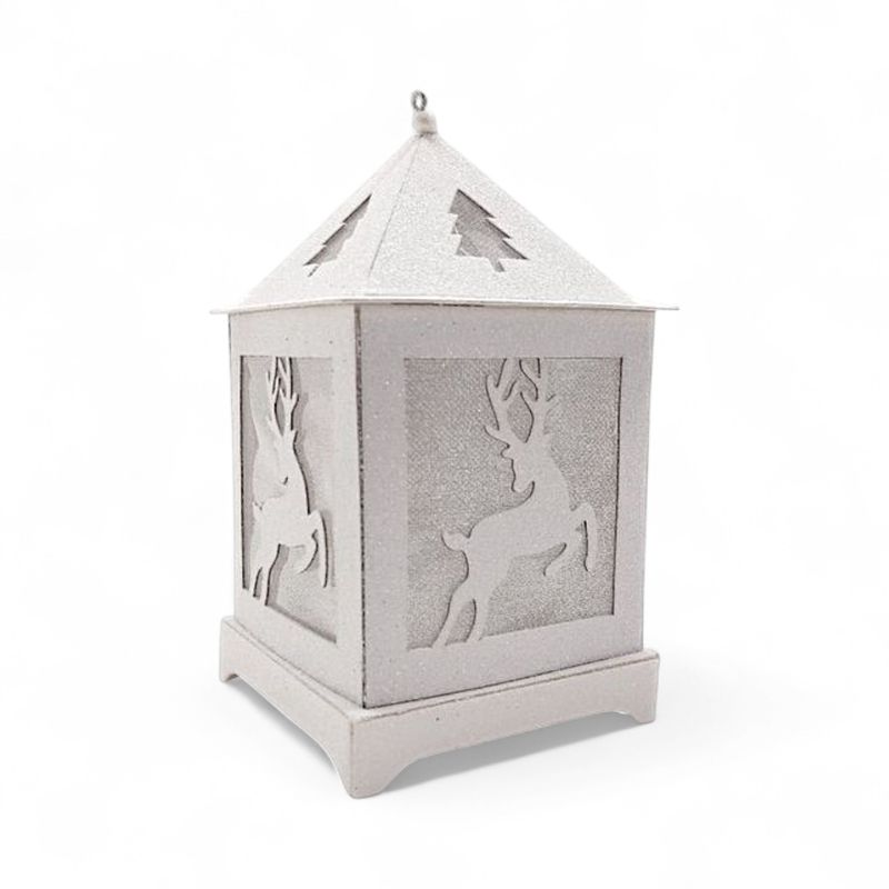 3.5&quot;x3.5&quot;x6&quot; Christmas Glitter Lightweight Hanging Led Lantern w/Reindeer Design White
