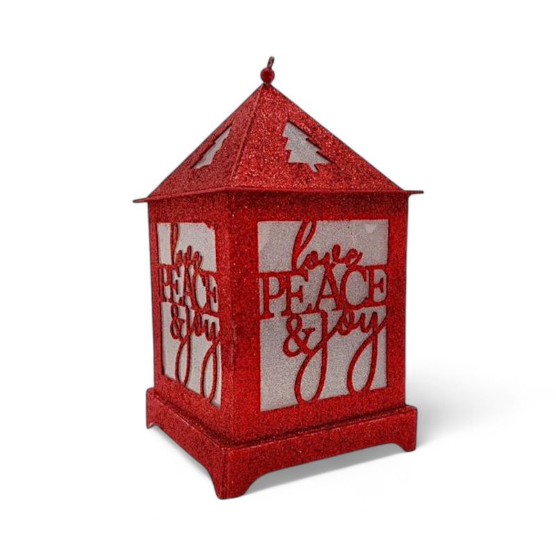 3.5&quot;x3.5&quot;x6&quot; Christmas Glitter Lightweight Hanging Led Lantern &quot;Love Peace &amp; Joy&quot; Red