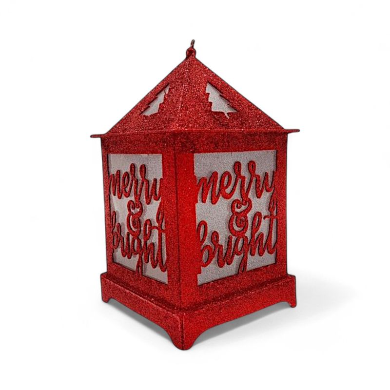 3.5&quot;x3.5&quot;x6&quot; Christmas Glitter Lightweight Hanging Led Lantern &quot;Merry &amp; Bright&quot; Red