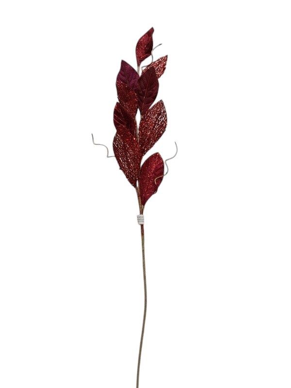 34" Velvet/Sheer Magnolia Leaf Spray Red