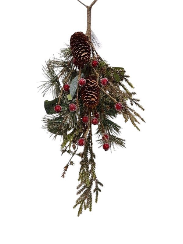 17" Hanger Glitter Pine/Eucalyptus Spray W/Berries/Pinecones