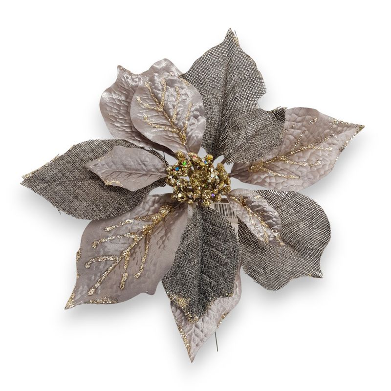 8" Burlap Glitter Poinsettia Pick Grey (10" Diameter)