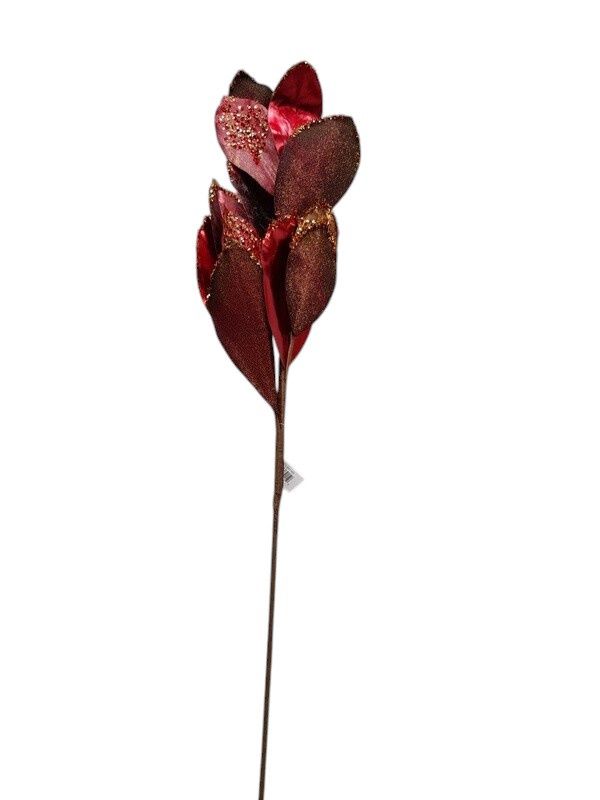 35" Glitter Magnolia Leaf Spray Red