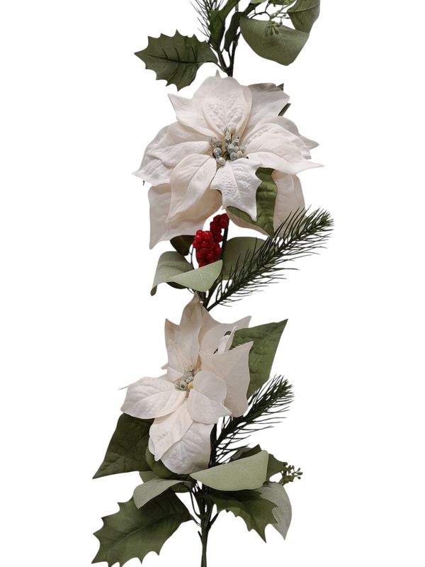 *6&#39; Poinsettia Garland w/Berries &amp; Eucalyptus White