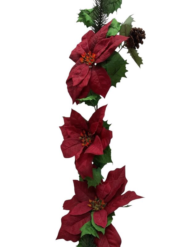 *6&#39; Poinsettia Garland w/Holly Leaves &amp; Pinecones Red