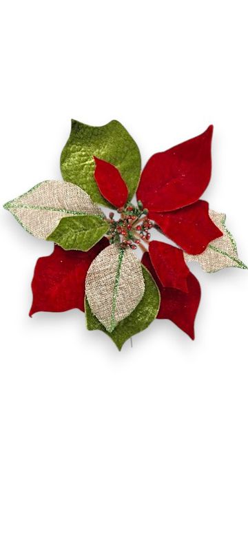 8" Velvet/Burlap Glitter Poinsettia Pick Red/Green (10" diameter)