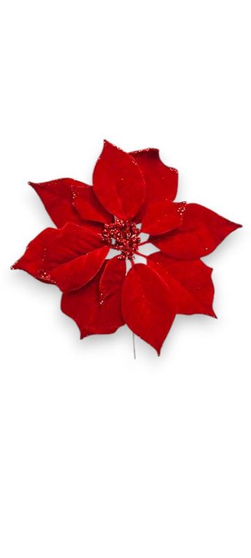 8" Velvet Glitter Poinsettia Pick Red (10" Diameter)
