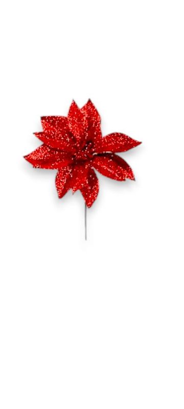 7.5" Mini Glitter Poinsettia Pick w/3.5" Head Red